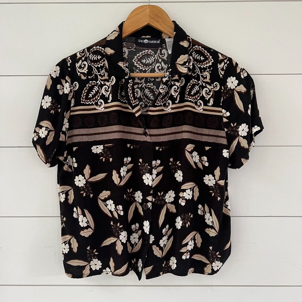 Sag Harbor Cropped Button Down Shirt Hawaiian Floral Vintage Women's Small